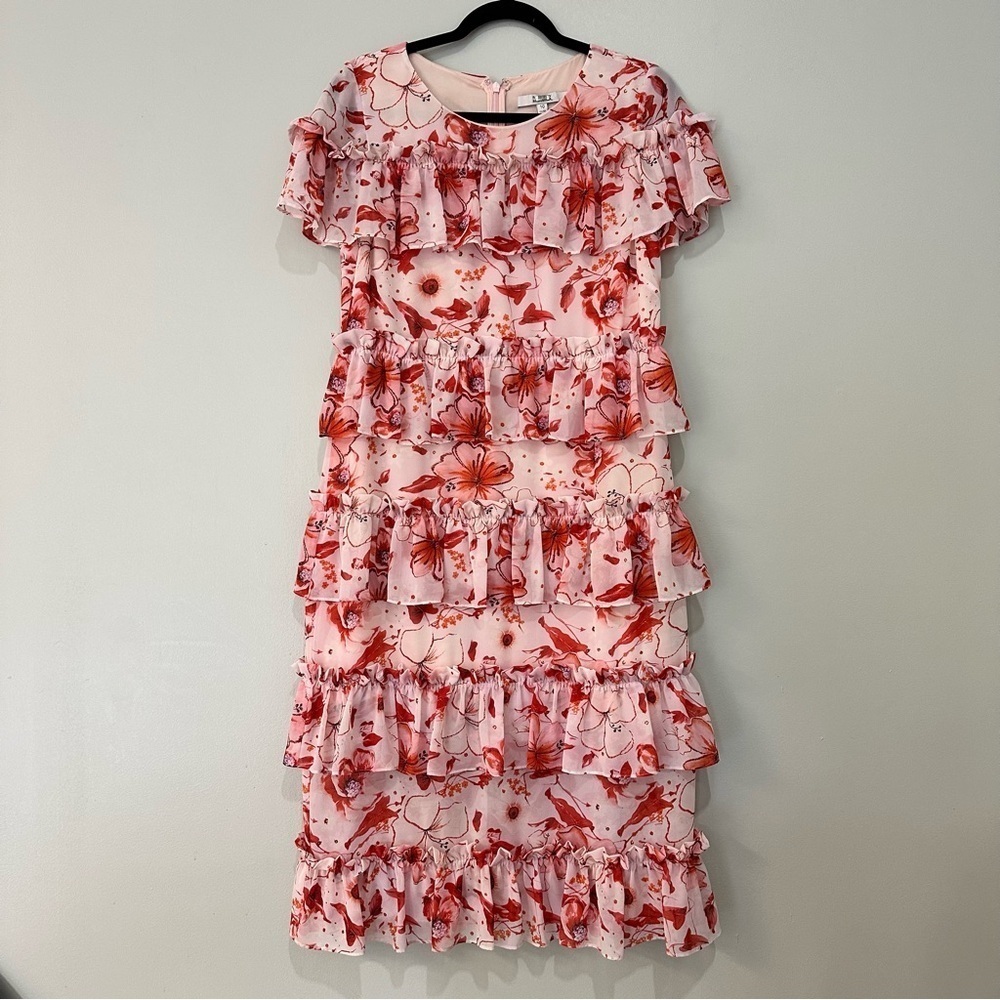 Badgley Mischka Tiered Ruffle Floral Dress Pink Mini Size 10 RTR Designer